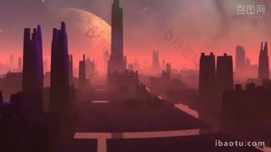 奇妙的外星城市笼罩在雾中，巨大的行星在夜空中飞行